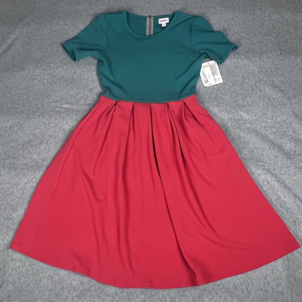 LuLaRoe Amelia Flare Dress SMALL Short Sleeve Minimalist Coral & Blue Pockets